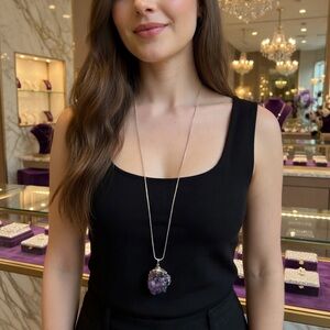 Raw Amethyst Pendant Gold Toned Necklace Size 34”